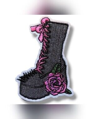 NWT Goth Punk Pink Black Demonia Boot with Pink Roses Iron On Patch